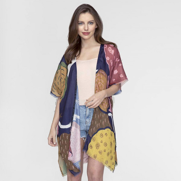 Wholesale lightweight short sleeve kimono tropical print frayed bottom edge visc