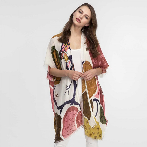 Wholesale lightweight short sleeve kimono tropical print frayed bottom edge visc