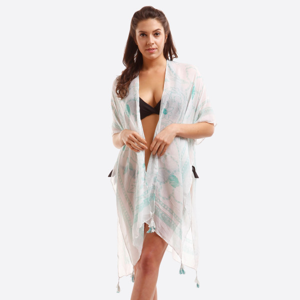 Wholesale lightweight white kimono subtle floral print tassels ends polyester On