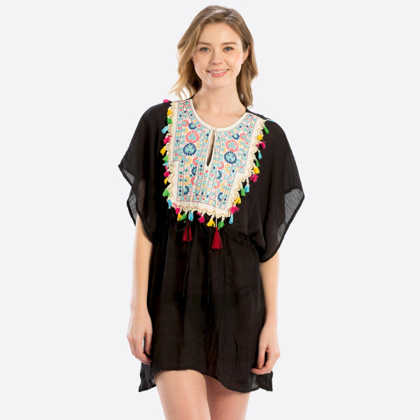 Wholesale lightweight short sleeve top embroidery tassel front can be worn swims
