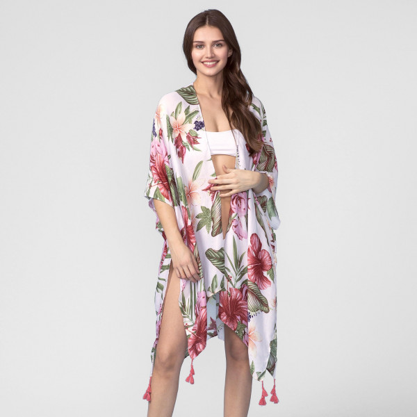 Wholesale lightweight short sleeve kimono floral print tassel accent polyester O