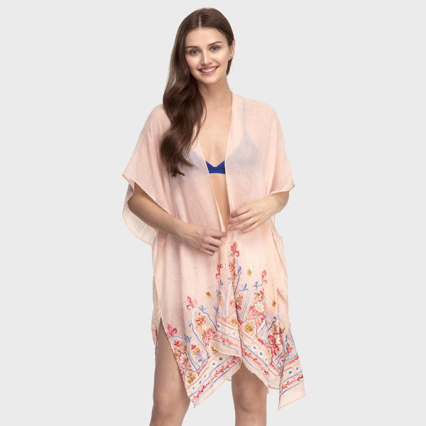 Wholesale lightweight short sleeve kimono embroidery rhinestone detail viscose p