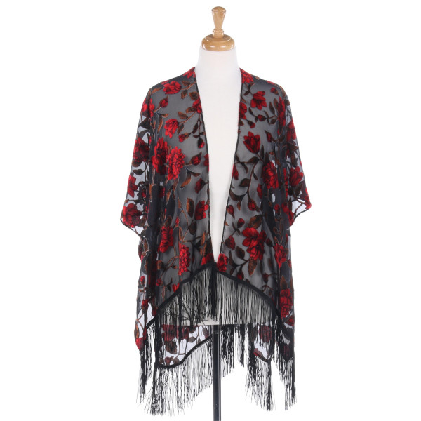 Wholesale sleeveless vest large floral print burnout velvet accents fringe detai