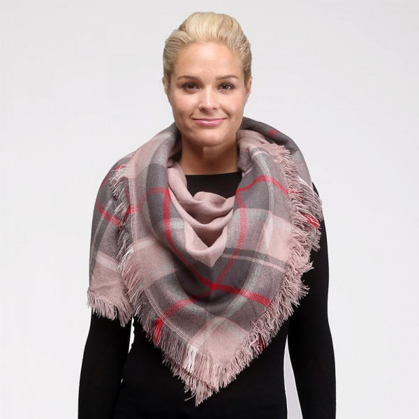 Wholesale two reversible plaid blanket scarf frayed edges acrylic