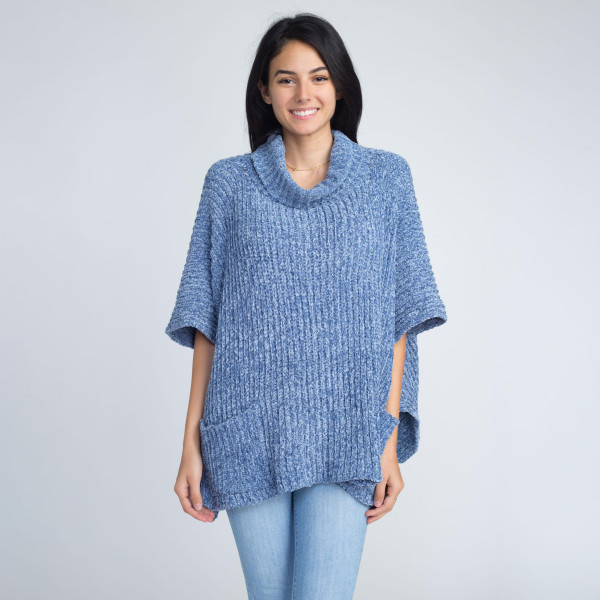 Wholesale loose fitting chenille turtle neck poncho front pockets One fits most