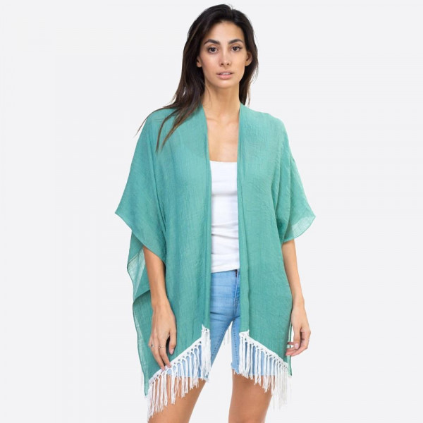 Wholesale solid teal kimono lace down back fringe detailing One fits most Polyes