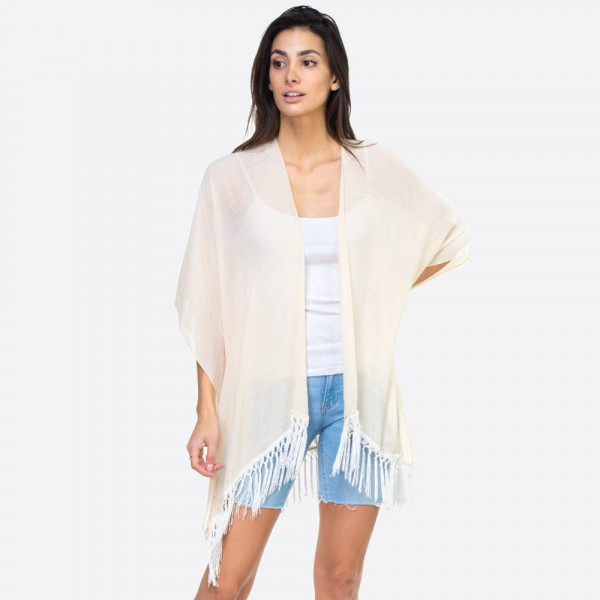 Wholesale solid ivory kimono lace down back fringe detailing One fits most Polye