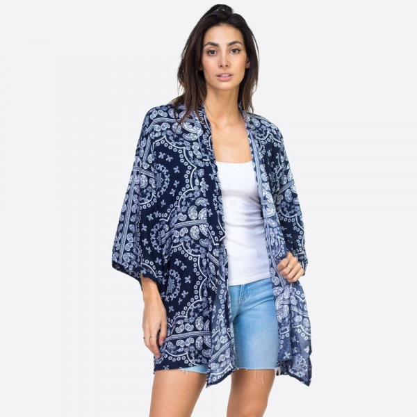 Wholesale navy blue paisley geometric kimono One fits most Viscose