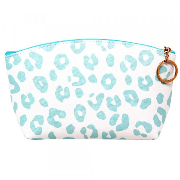 Wholesale faux leather pouch light blue cheetah print top zipper closure lined i