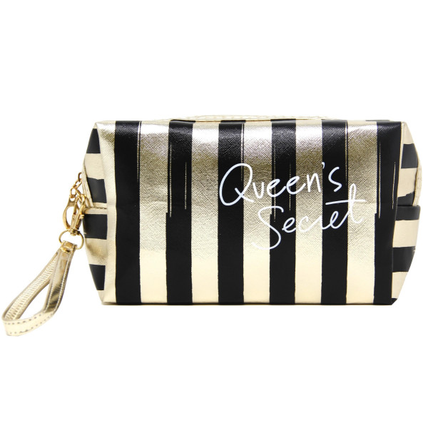 Wholesale queen s secret zip closure black gold striped hand bag makeup bag wris