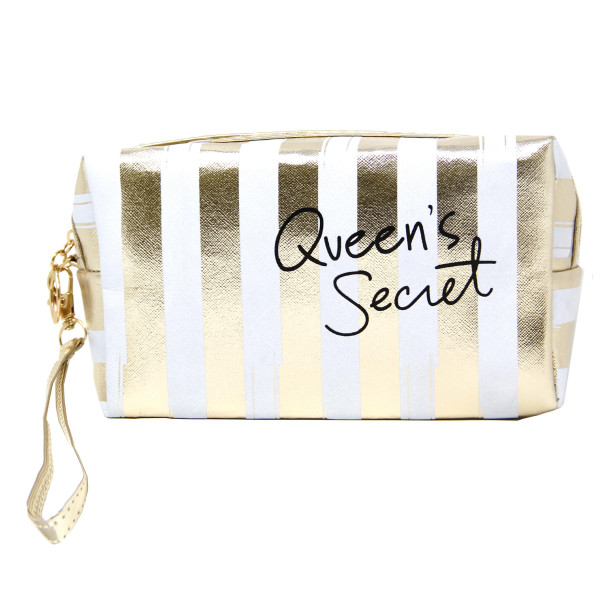 Wholesale queen s secret zip closure black gold striped hand bag makeup bag wris