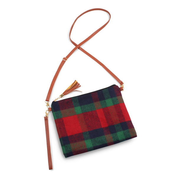 Wholesale plaid crossbody clutch bag lined inside pocket detail zipper closure W