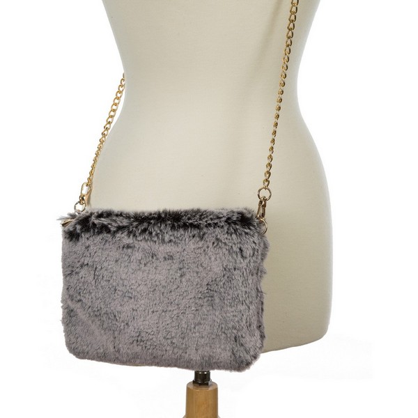 Wholesale faux fur clutch purse inside zipper pocket gold chain