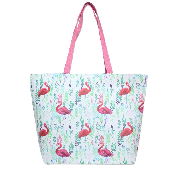 Wholesale flamingo printed tote bag top zipper closure lined inside pockets PU l