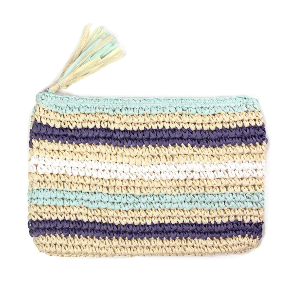 Wholesale woven straw clutch tassel zipper closure striped print paper