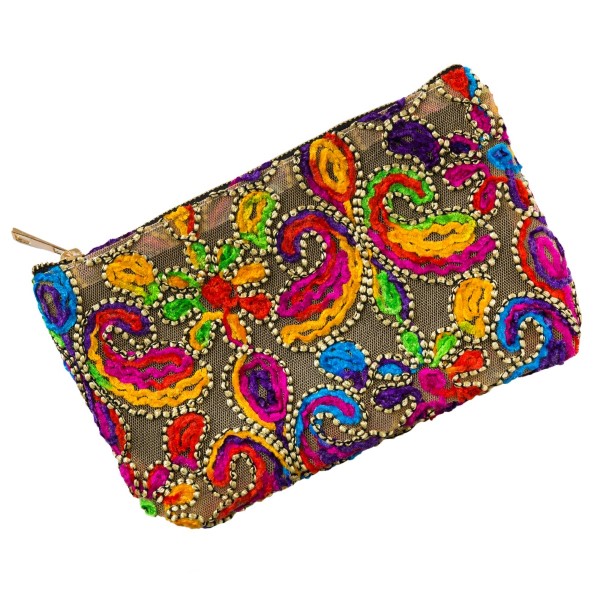 Wholesale mesh pouch top zipper closure bright multicolored paisley embroidered