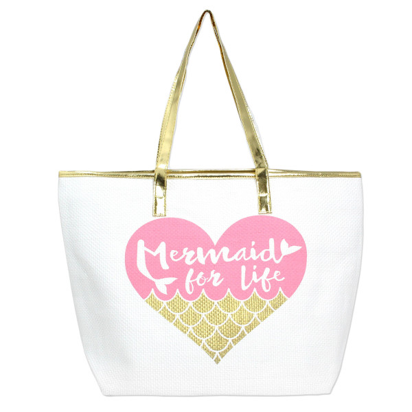 Wholesale white Mermaid Life tote bag faux leather handles top zipper closure Wo