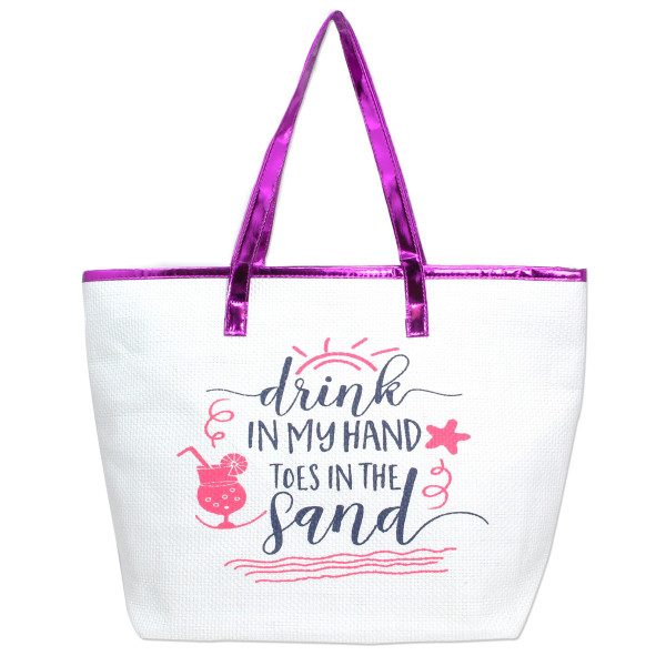 Wholesale white Drink my hand toes sand tote bag faux leather handles top zipper