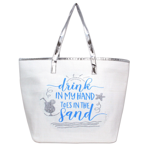 Wholesale white Drink my hand toes sand tote bag faux leather handles top zipper