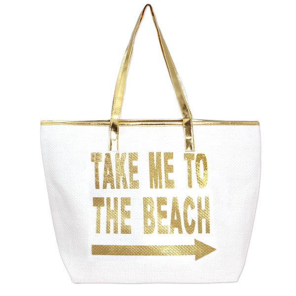 Wholesale white take me beach tote bag faux leather handles top zipper closure p