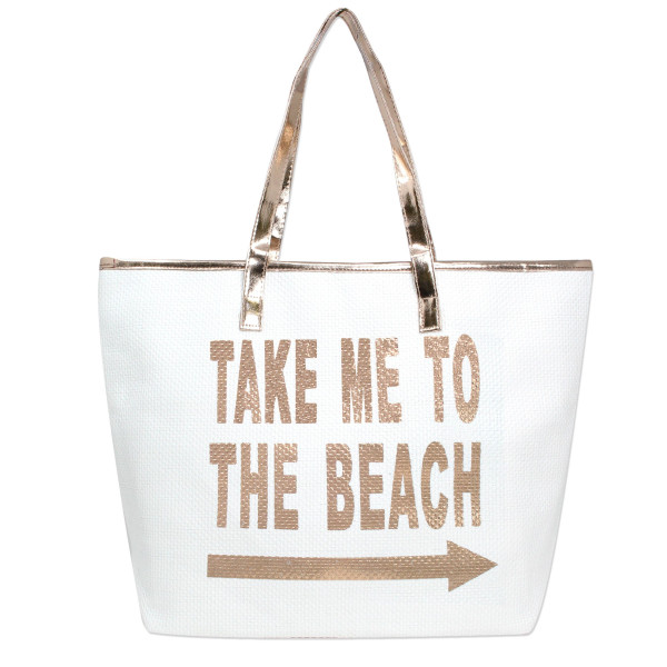 Wholesale white take me beach tote bag faux leather handles top zipper closure p