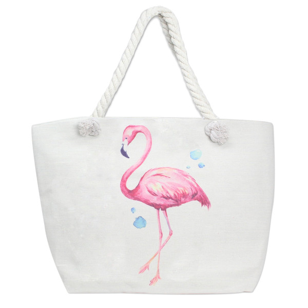 Wholesale canvas tote bag flamingo print top zipper closure rope handles lining