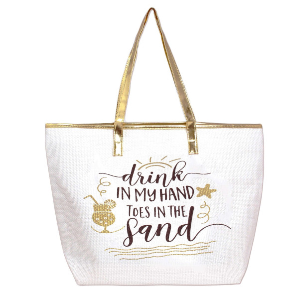 Wholesale white Drink my hand toes sand tote bag faux leather handles top zipper