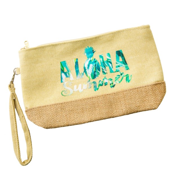Wholesale aloha Summer canvas jute pouch top zip closure line inside wrist strap