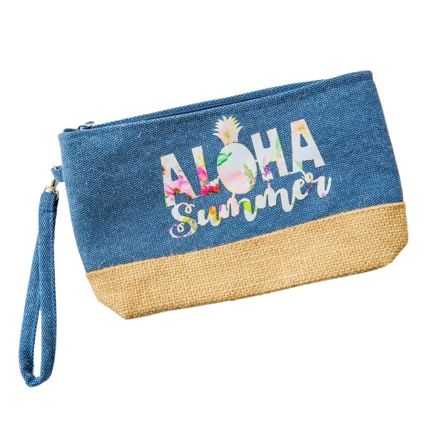 Wholesale aloha Summer canvas jute pouch top zip closure line inside wrist strap