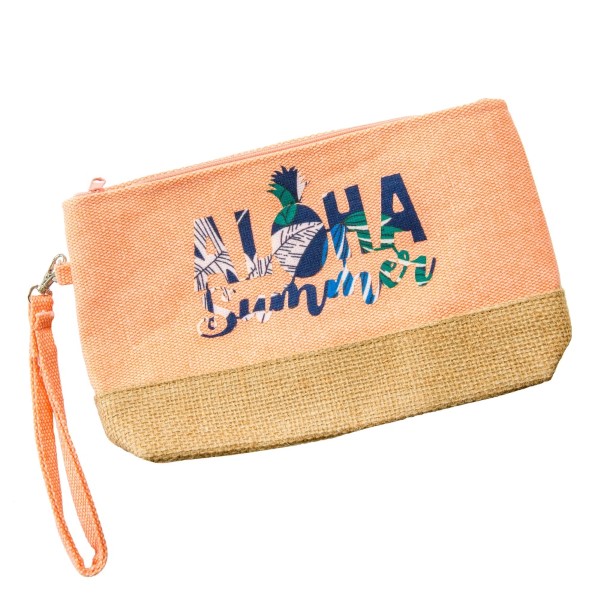 Wholesale aloha Summer canvas jute pouch top zip closure line inside wrist strap