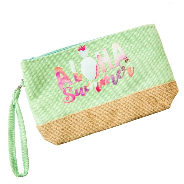 Wholesale aloha Summer canvas jute pouch top zip closure line inside wrist strap