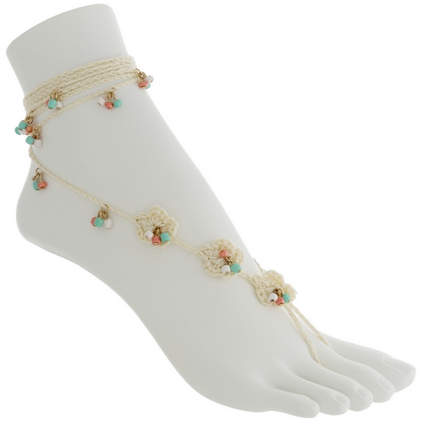 Wholesale set two fashion foot jewelry anklets ivory crochet flowers coral mint
