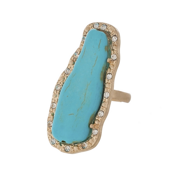 Wholesale matte gold adjustable ring turquoise stone clear rhinestones Stone
