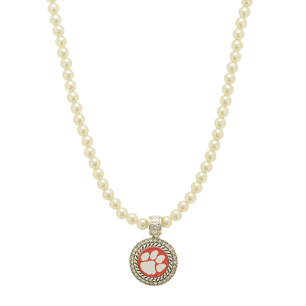 Wholesale officially licensed Ivory pearl beaded necklace round silver Clemson p