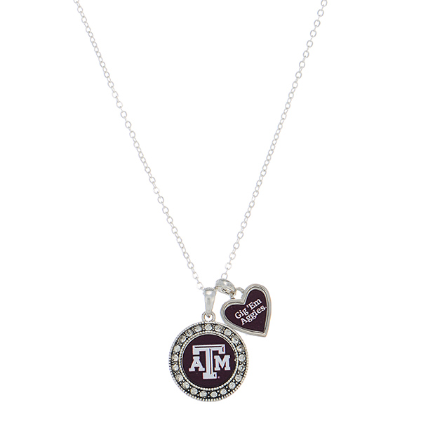 Wholesale officially licensed silver necklace Texas M logo heart charm inscribed