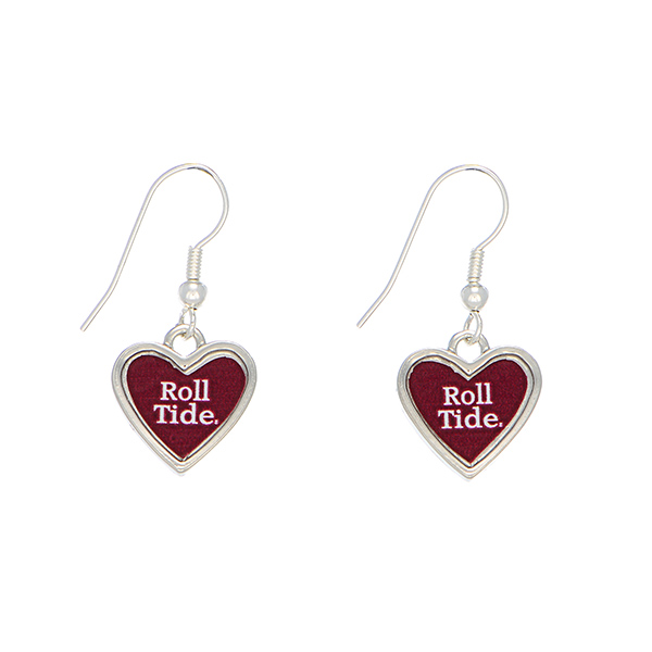 Wholesale officially licensed silver Alabama earrings heart inscribed Roll Tide