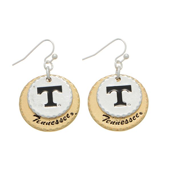 Wholesale silver fishhook earrings two mixed metal disk stamped T Tennessee Char