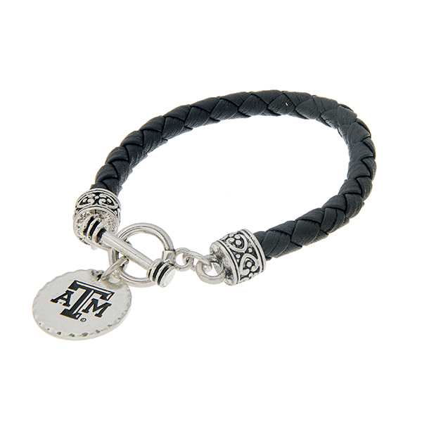Wholesale black braided faux leather toggle bracelet officially licensed silver