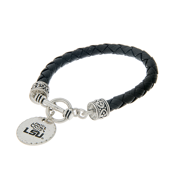 Wholesale black braided faux leather toggle bracelet officially licensed silver