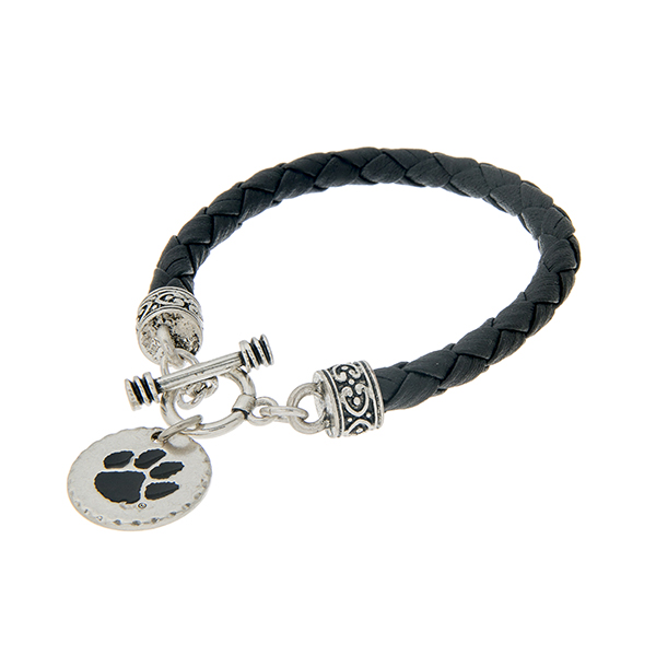 Wholesale black braided faux leather toggle bracelet officially licensed silver