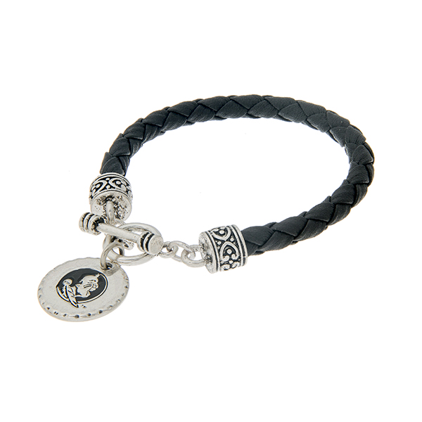 Wholesale black braided faux leather toggle bracelet officially licensed silver