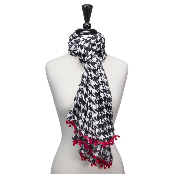 Wholesale light weight houndstooth scarf small red pom poms Polyester
