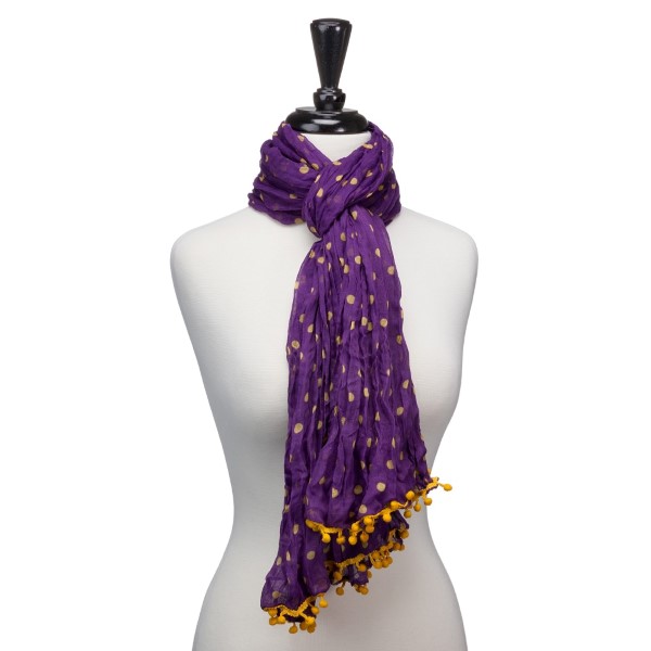 Wholesale light weight purple yellow polka dots scarf small pom poms Polyester