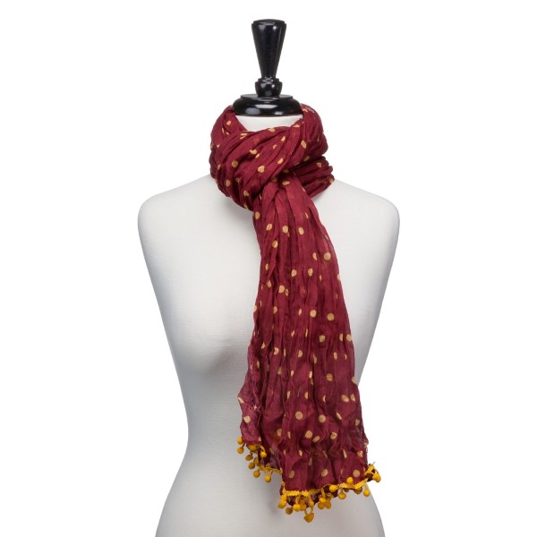 Wholesale light weight maroon yellow polka dots scarf small pom poms Polyester